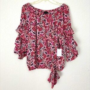 1. State Off the Shoulder Tiered Ruffle Sleeve Pink Floral Blouse Size XL